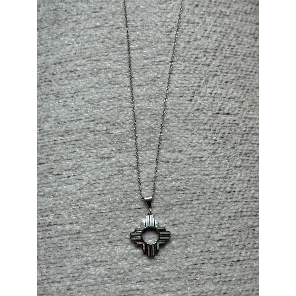 New Sterling Silver Opal Zia Pendant Necklace New Mexico Native American Sun - Picture 3 of 12
